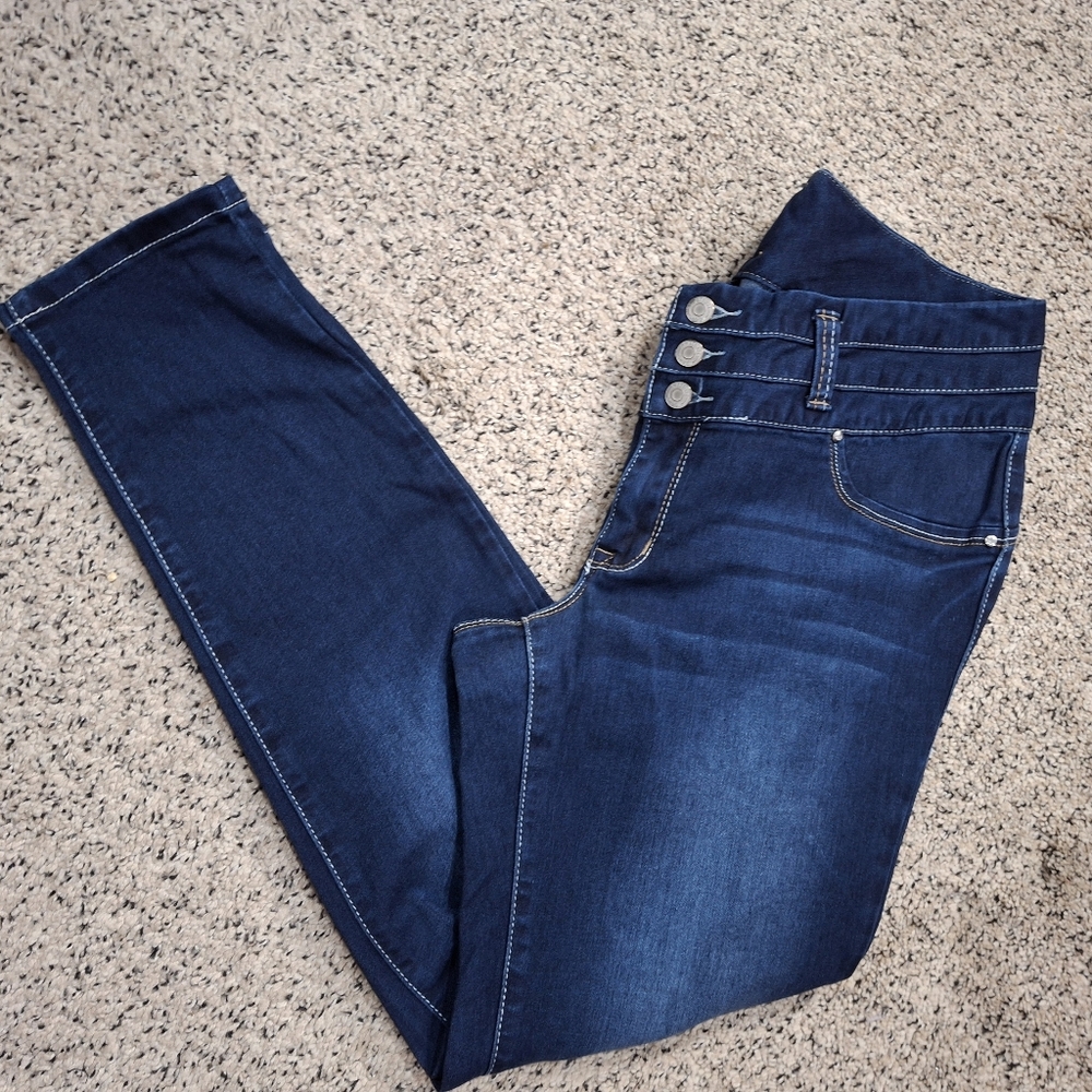 Amethyst Jeans Women's Straight Leg Dark Blue Triple-Button Jeans